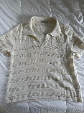 Open-Weave Polo Sweater in Cream